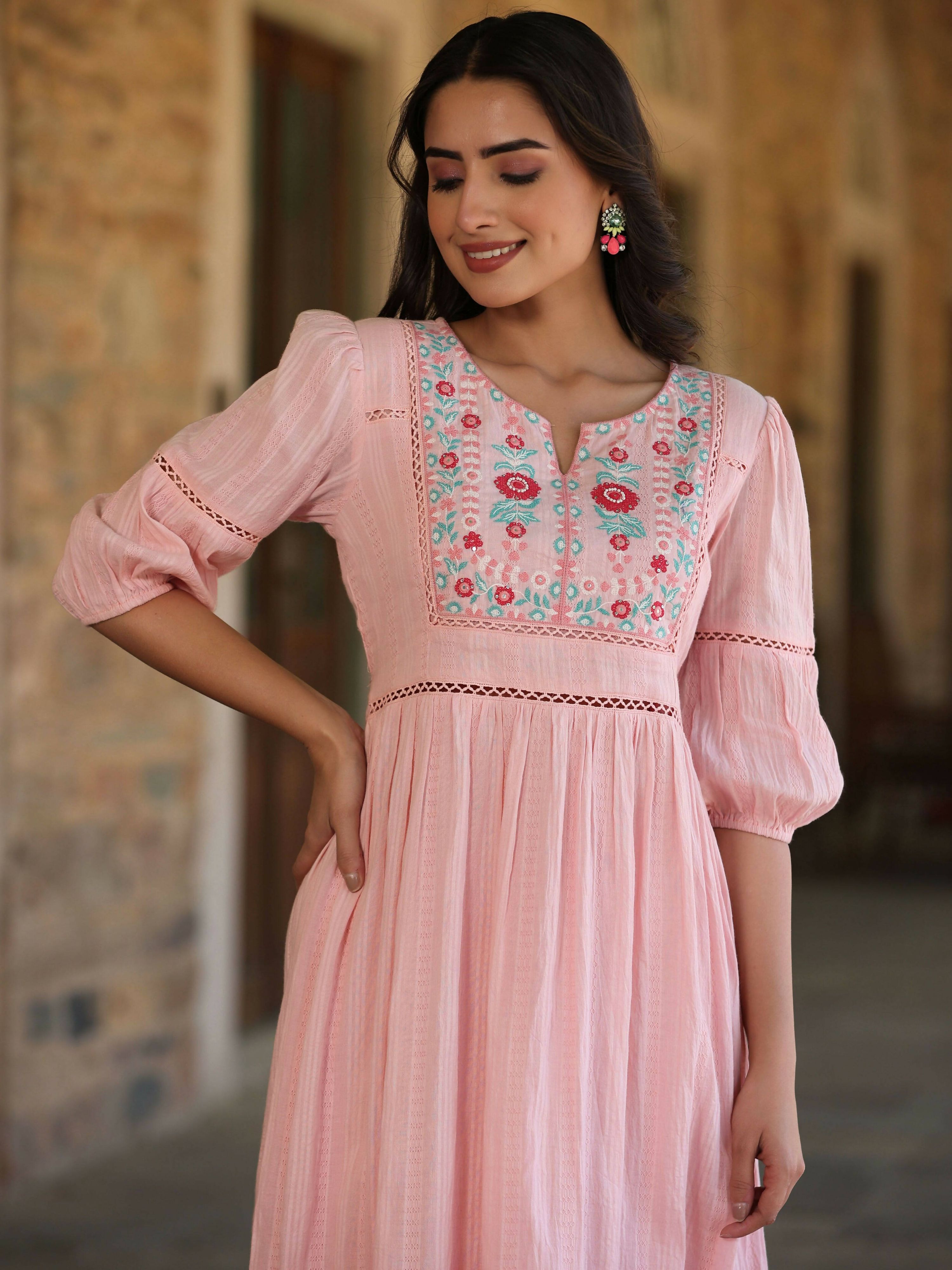 Juniper Women's Pink Cotton Dobby Embroidered Flared Dress - Distacart