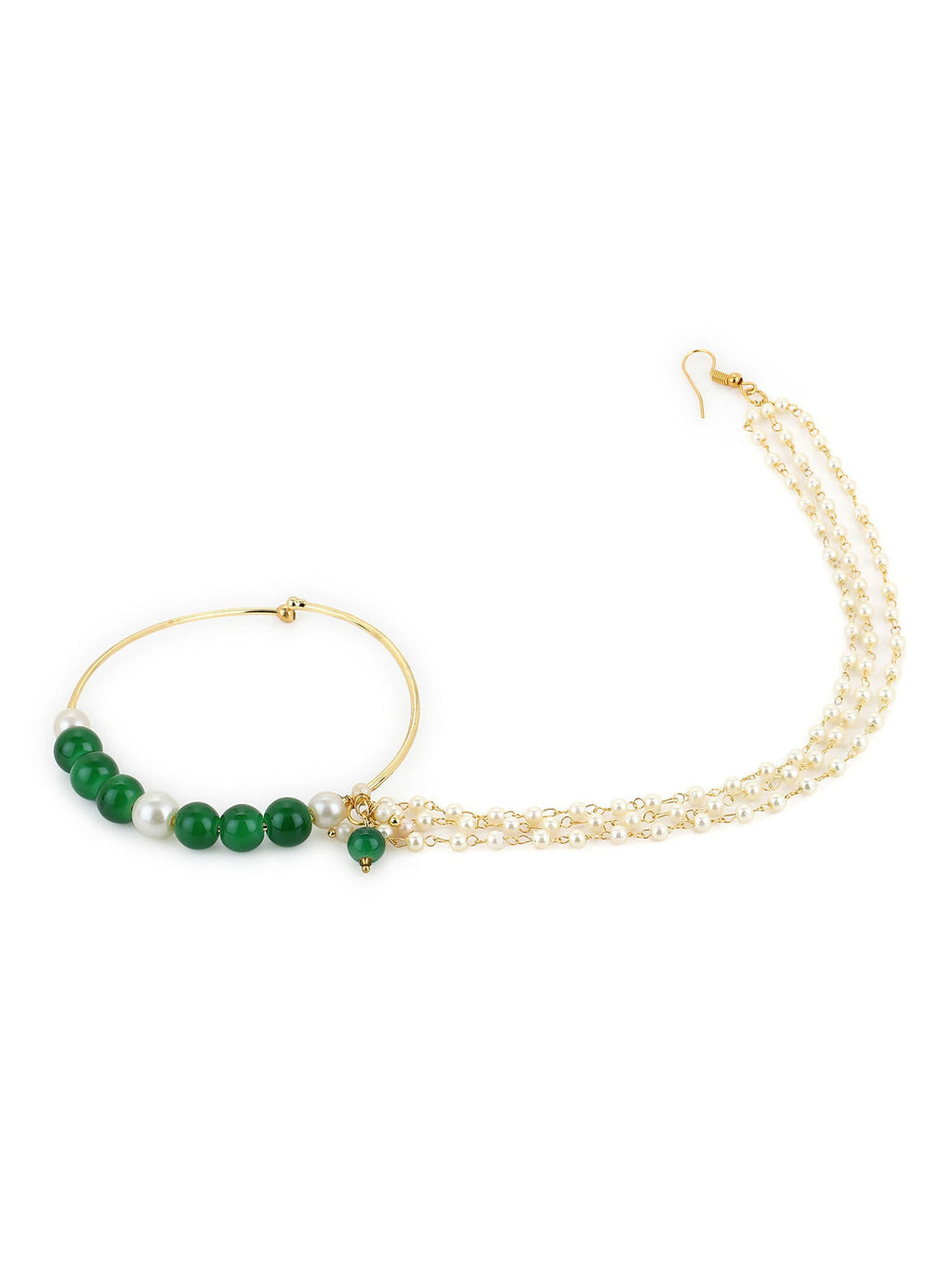 Gold-Plated White Green Stone-Studded Pearl Beaded Nosepin - Ruby Raang - Distacart