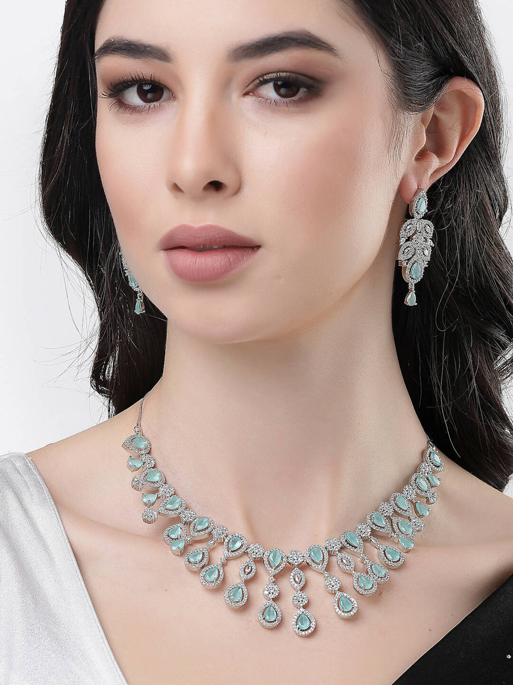 NVR Women Silver Plated & Turquoise Cz Stone Handcrafted Jewellery Set