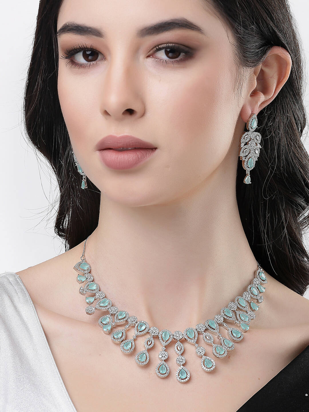 NVR Women Silver Plated & Turquoise Cz Stone Handcrafted Jewellery Set