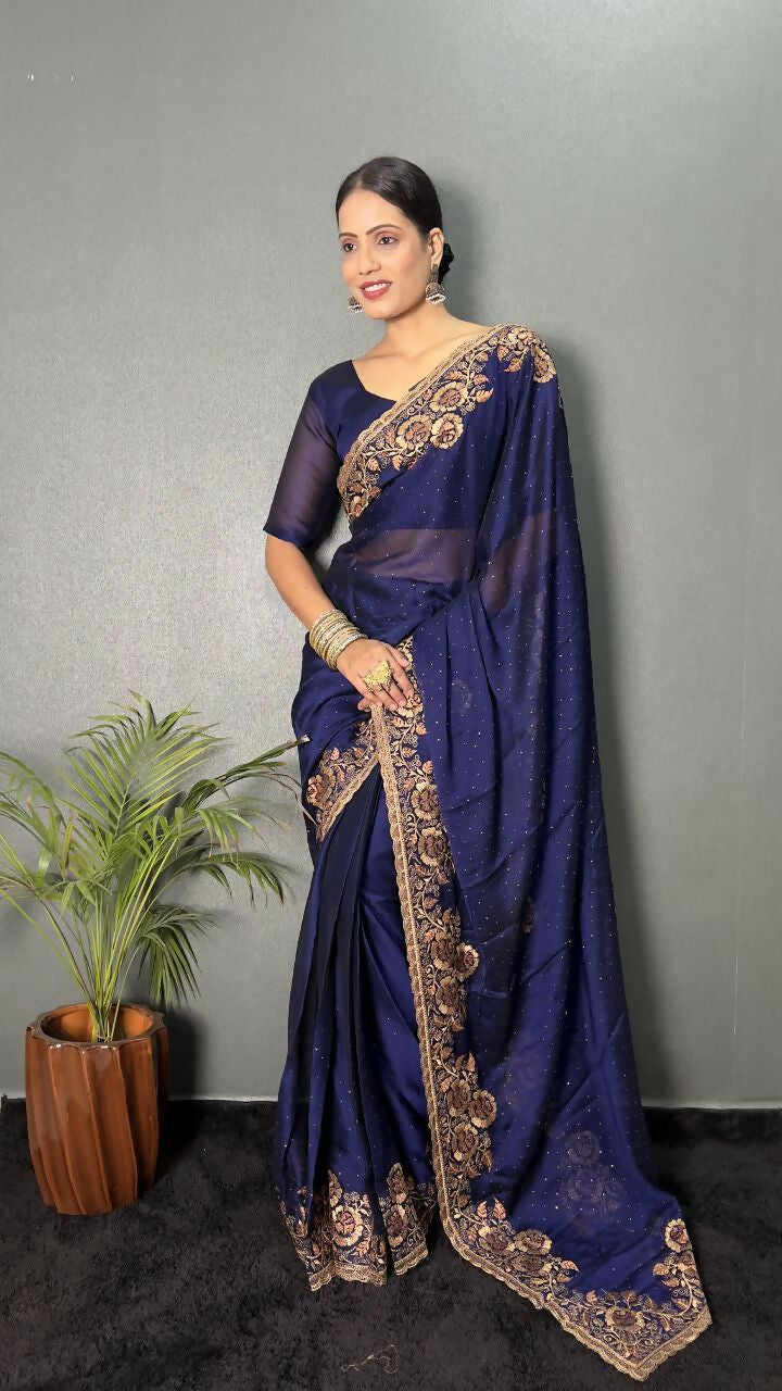 Vastranavya Blue Rangoli Silk Zari work with DMC Swarovski work Ready to Wear Saree