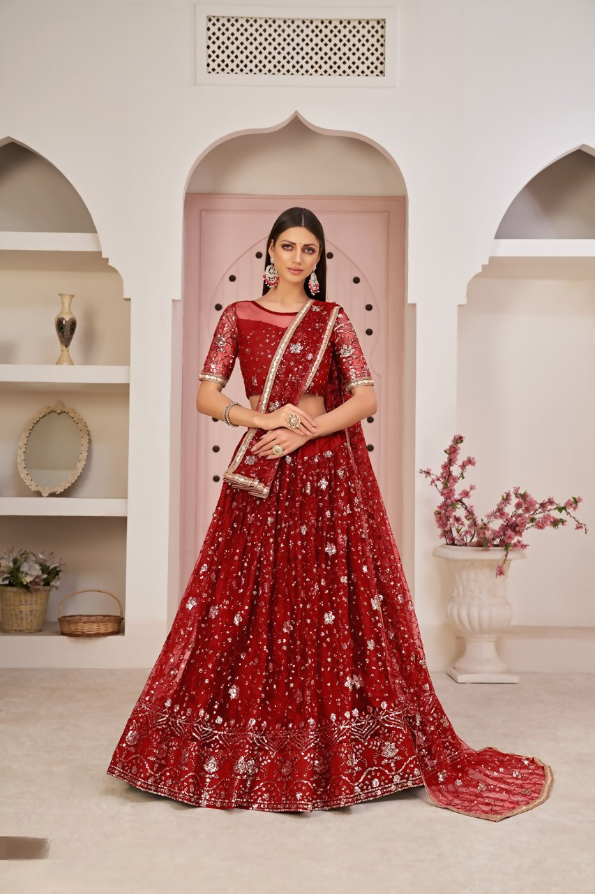 Eilara Women'S Red Butterfly Net Thread With Zari Sandwich Sequence Embroidered Work Lehenga Choli For Wedding