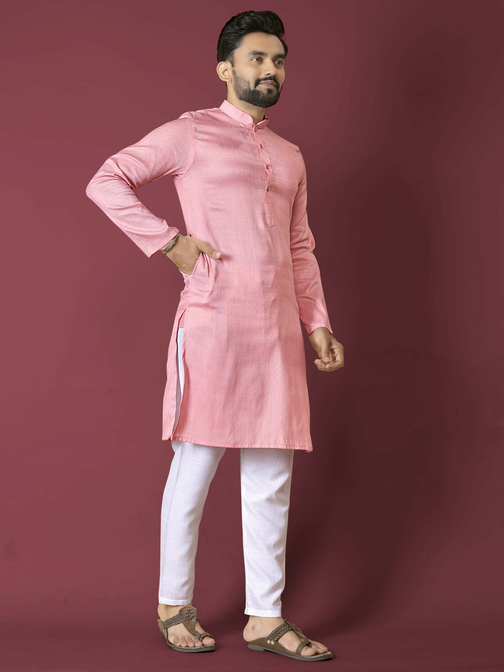 Anaita Pink Solid Soft Jacquard Silk Straight Kurta