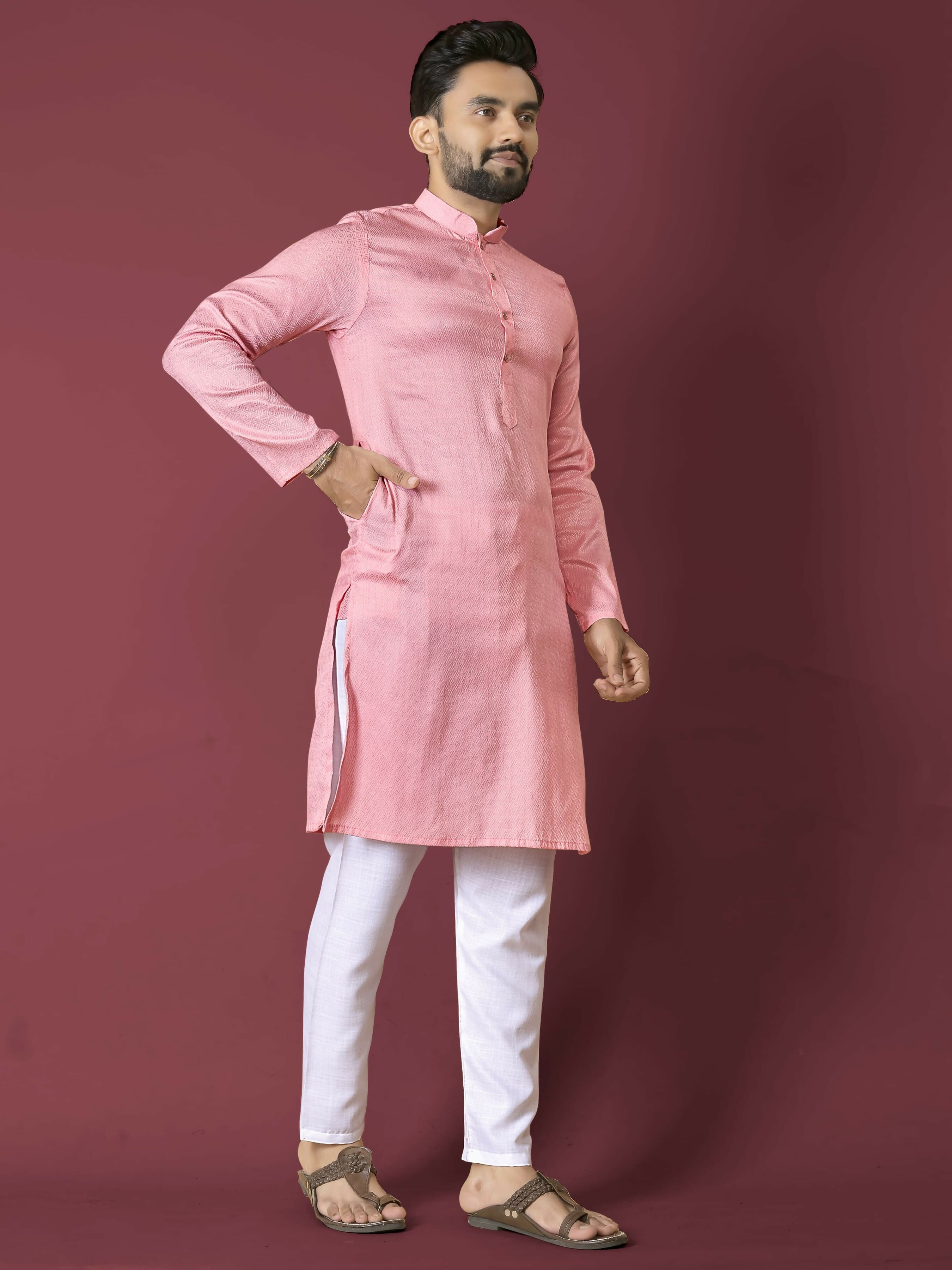 Anaita Pink Solid Soft Jacquard Silk Straight Kurta