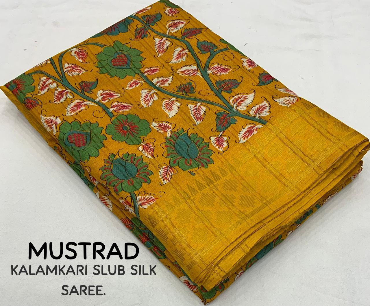 Mustard Slub Silk Printed Saree with Unstitched Blouse - Hiral Fashion