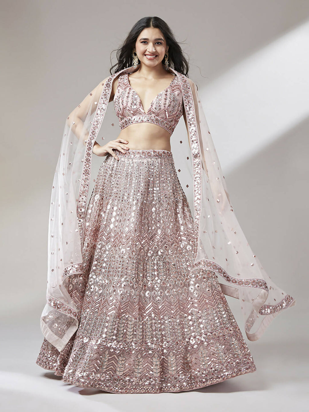 House of Panchhi Rose Gold Net Mirror & Sequinse embroidery Lehenga choli & Dupatta