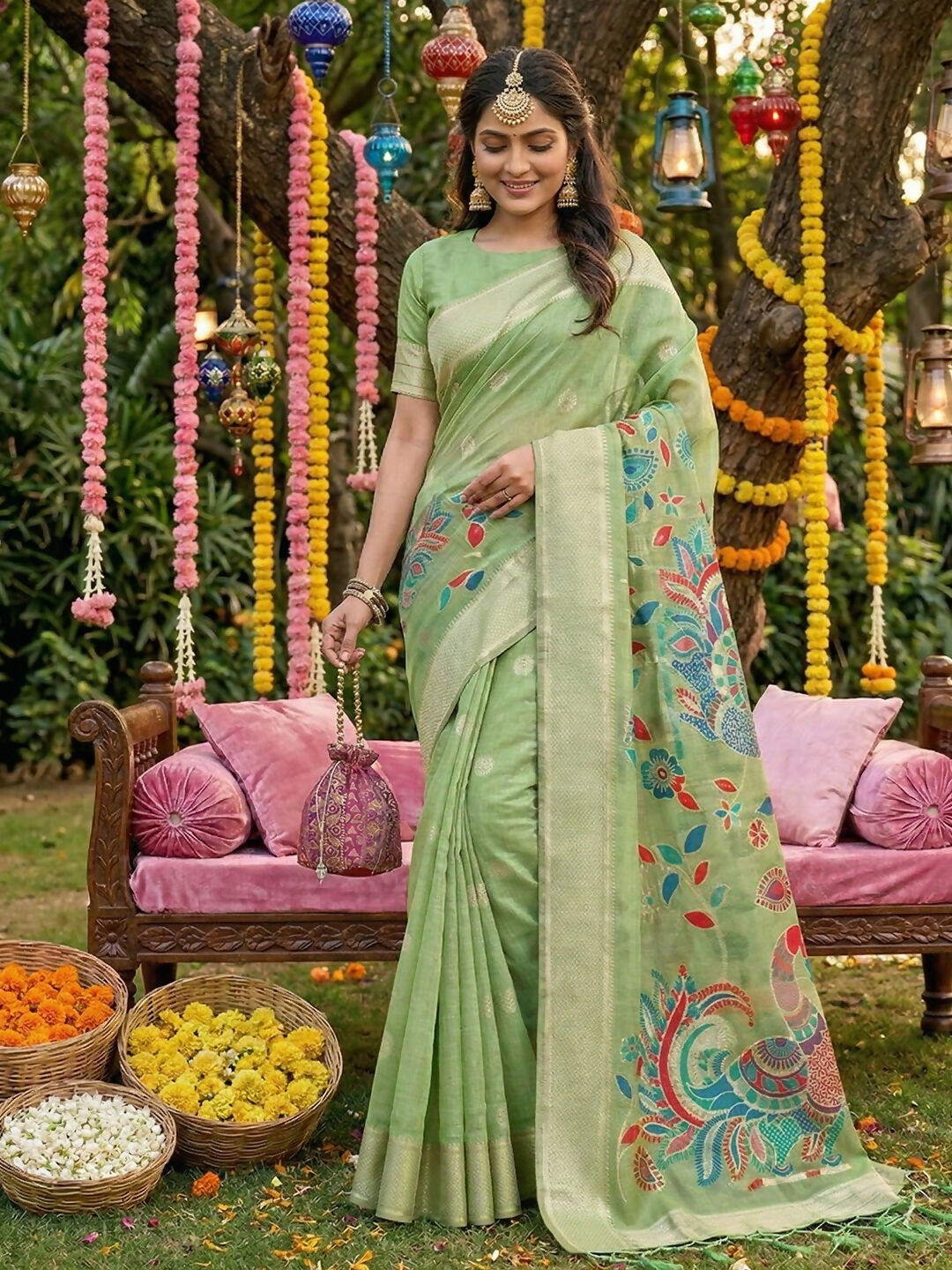 Shree Shyam Fashion Light Green Linen Cotton Saree - Distacart