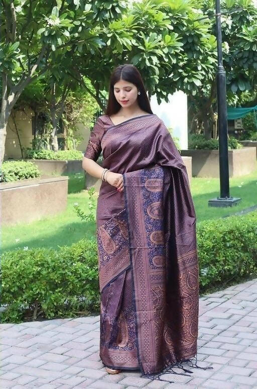 DEIANA'S Beautiful Designer Golden zari Soft Lichi Silk Saree - Purple