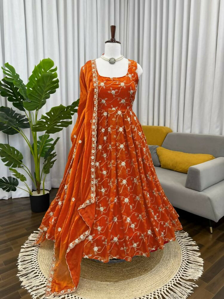 Teeya Creation Orange Color Fendy Silk Heavy Embroidery Work Wedding Wear Long Gown - Distacart