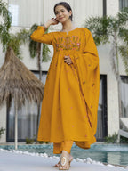 The52 Women's Beautiful Cotton Fabric Thread Work Straight Kurta Pant and Dupatta Set - Distacart