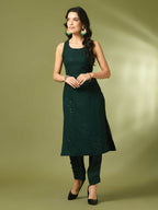 Myshka Women's Green Embroidered Cotton Straight Party Kurta Set