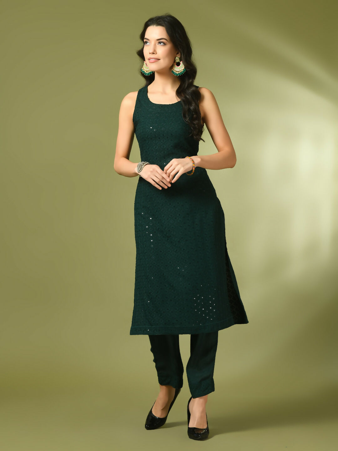 Myshka Women's Green Embroidered Cotton Straight Party Kurta Set