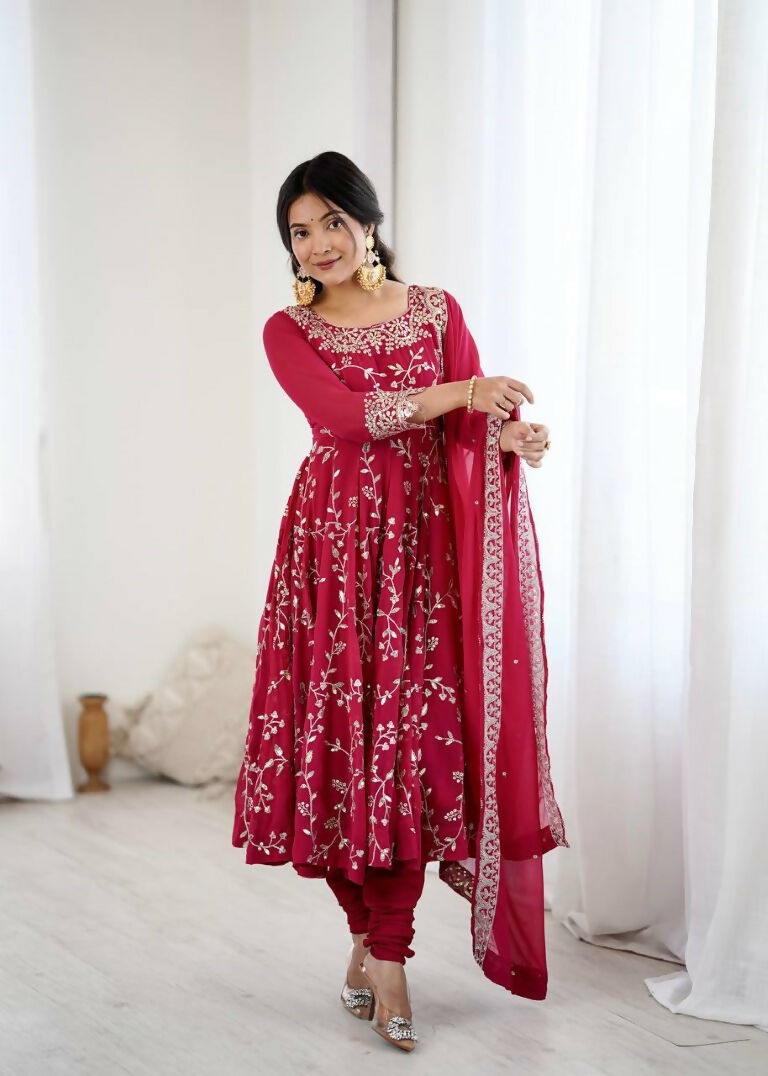 Teeya Creation Red Color Heavy Faux Georgette Embroidery Work Gown - Distacart