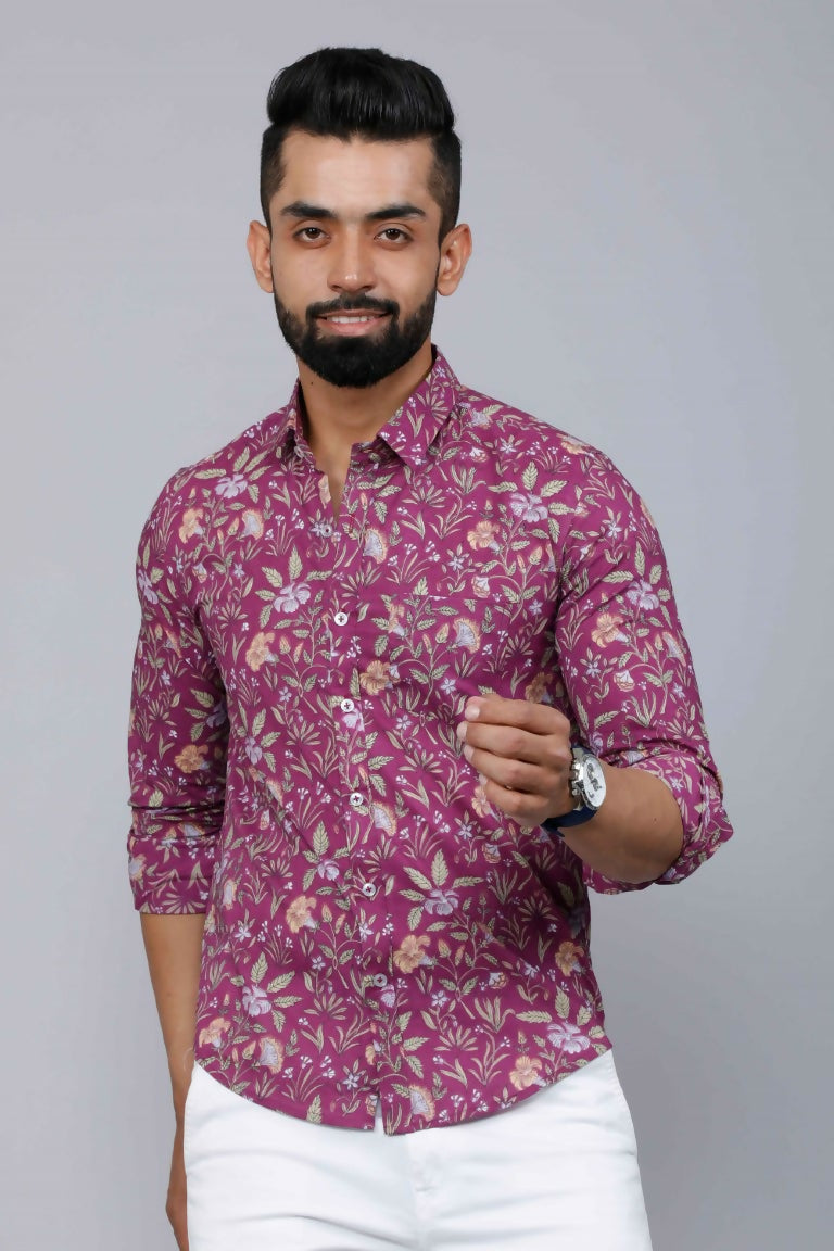 Miravan Men's Purple Comfort Foral Printed Casual Cotton Shirt