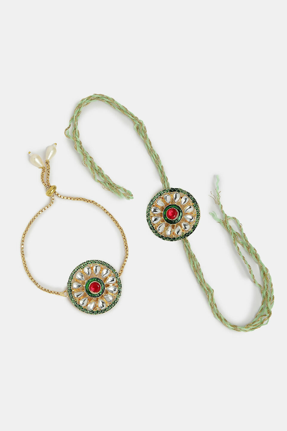 NVR Women & Men Set of 2 Gold Kundan-Studded Handcrafted Wraparound Rakhi Set With Roli Chawal & Chocolate - Distacart