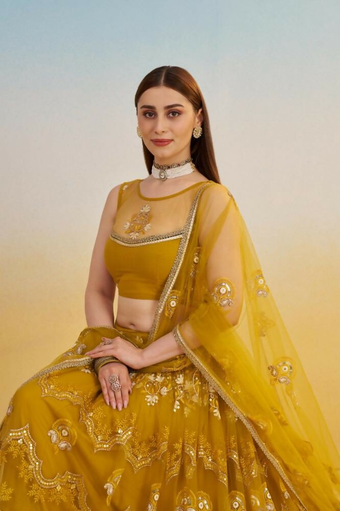 Aastha Fashion Mustard Yellow Butterfly Net Tone To Tone Cotton Thread Work And Sequence Work Embroidery Wedding Wear Lehenga Choli