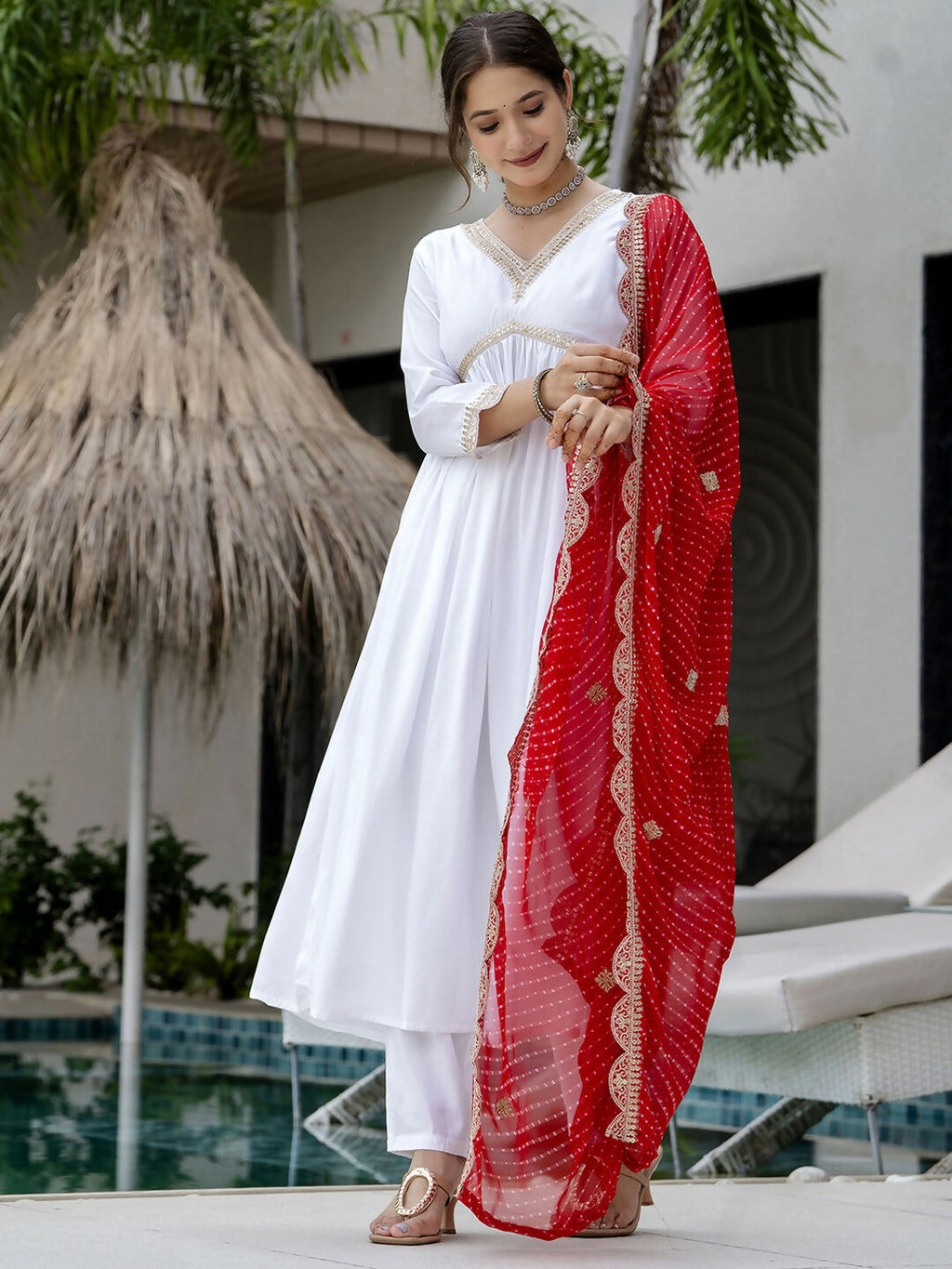 The52 White Women's Gorgeous Embroidered Chanderi Fabric Straight Kurta, Pant and Dupatta Set - Distacart