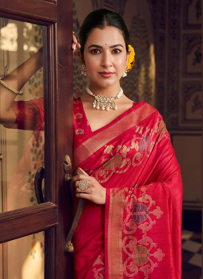 Monjolika Fashion Rani Pink Silk Blend Banarasi Zari Work Classic Saree - Distacart