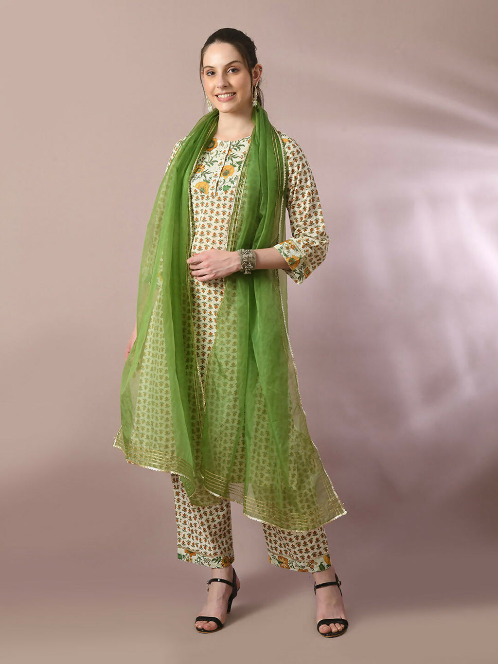 Myshka Women's Multi Printed Cotton Straight Party Kurta Set With Dupatta
