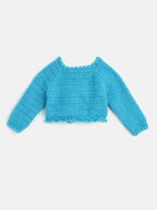 Chutput Kids Woollen Hand Knitted Full Sleeves Cardigan With Short Sleeves Flower Work Dress For Baby Girls - Blue