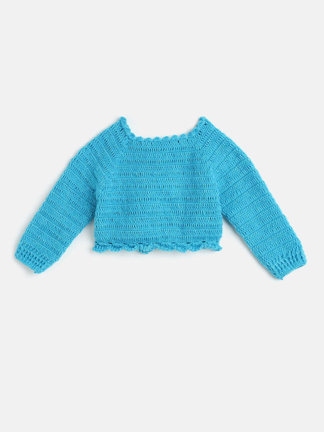 Chutput Kids Woollen Hand Knitted Full Sleeves Cardigan With Short Sleeves Flower Work Dress For Baby Girls - Blue