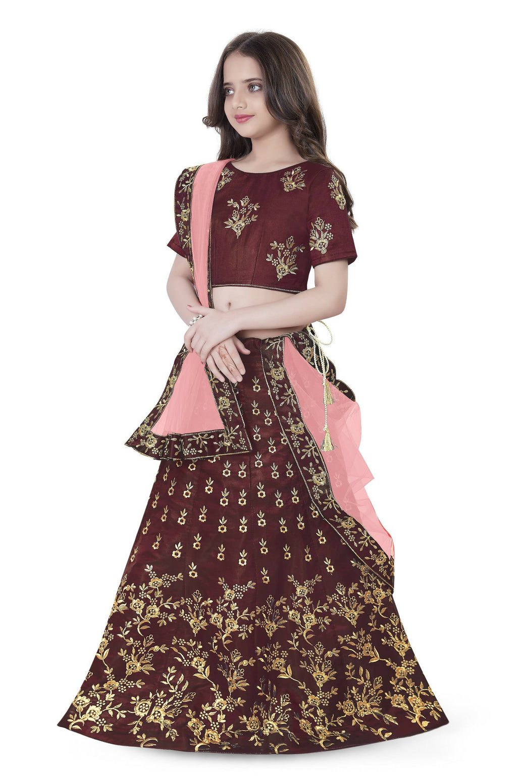 Dwiden Maroon Baby Doll Tafetta Sattin Semi-Stitched Girl's Lehenga Choli