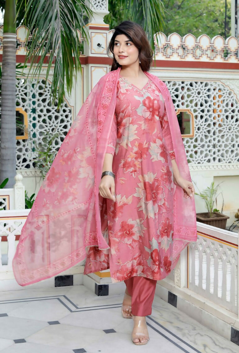 Miravan Women's Muslin Pink V-Neck Embroidered Kurta with Palazzo and Dupatta