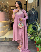 The52 Women's Beautiful Chinon Fabric Embroidery Work Flared Kurta Pant and Dupatta Set - Distacart