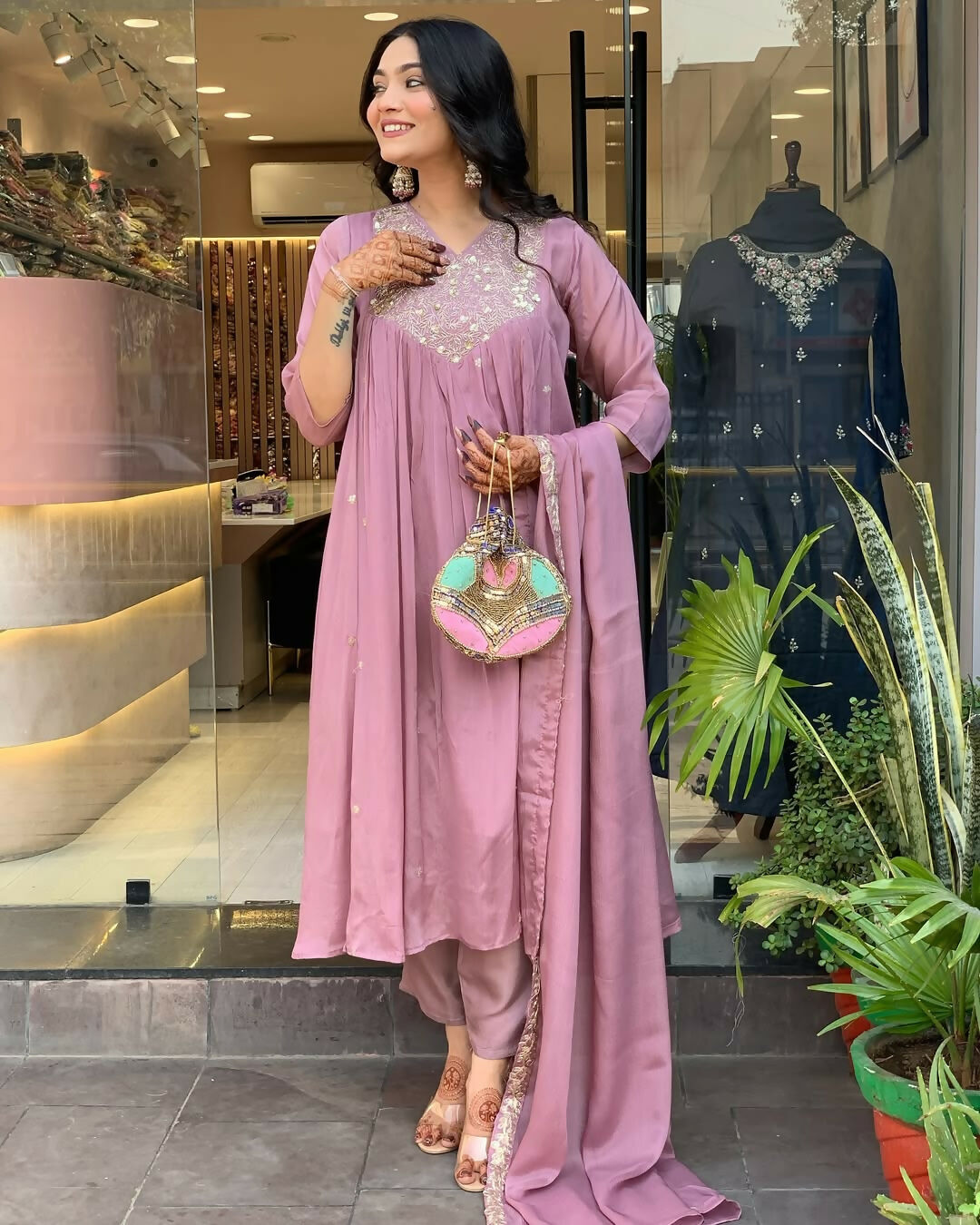 The52 Women's Beautiful Chinon Fabric Embroidery Work Flared Kurta Pant and Dupatta Set - Distacart