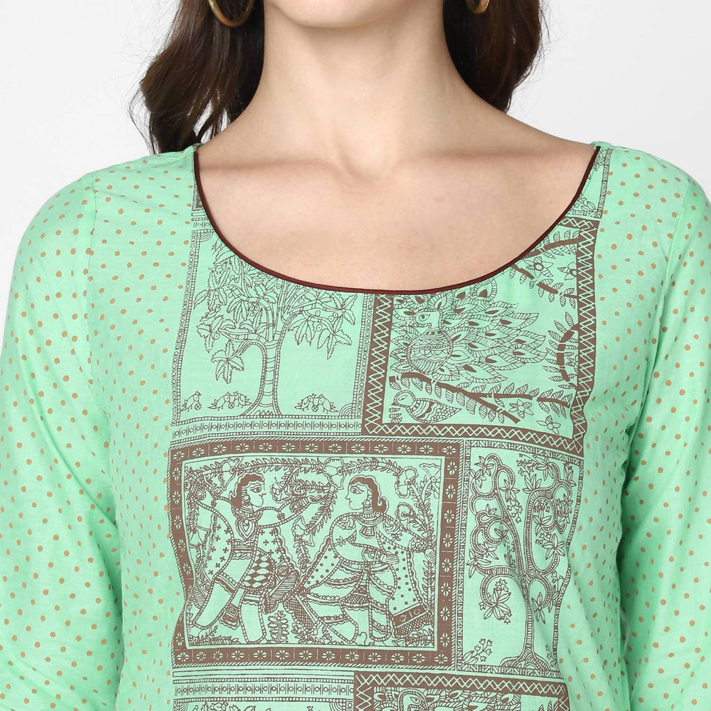 Cheera Hand Block Print Light Green Anarkali Kurta (MAAI-064K)