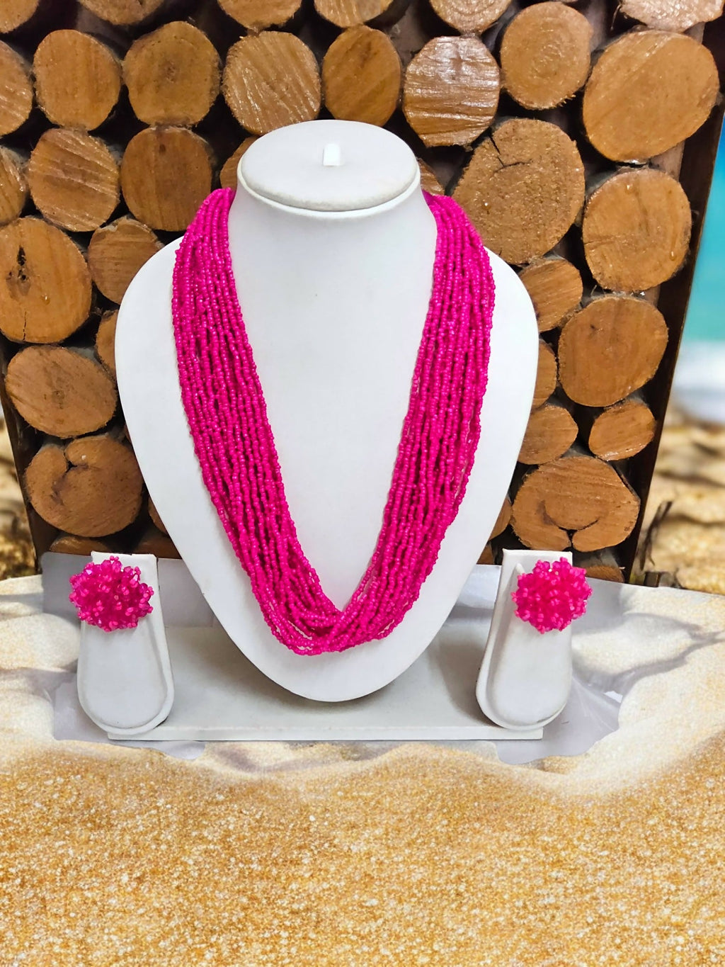 Inhanns Vibrant Handmade 20 Layers Beaded Necklace With Matching Earrings - Pink