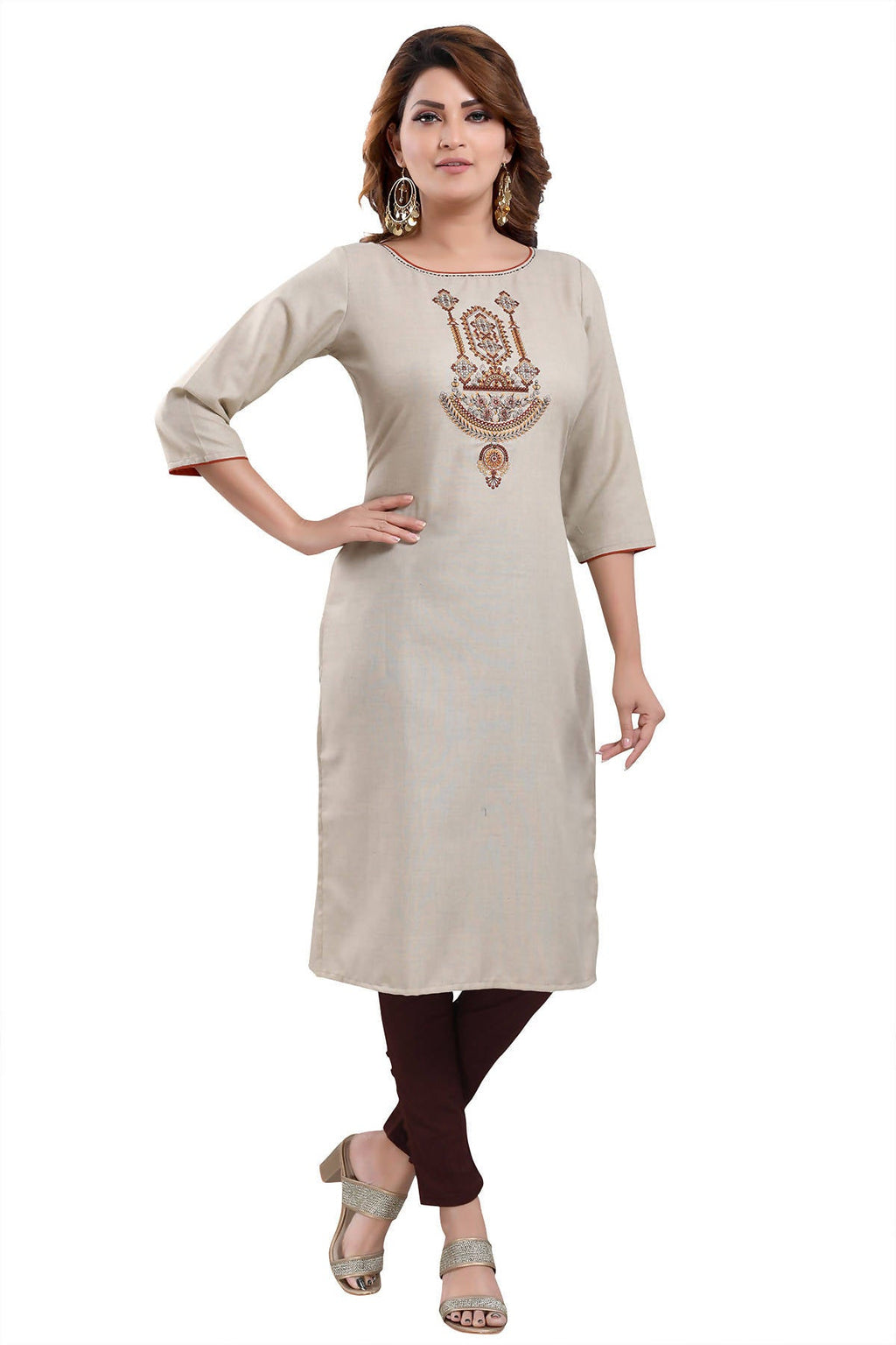 Snehal Creations Boastful Beige Color Casual Cotton Ladies Kurti With Embroidery - Distacart
