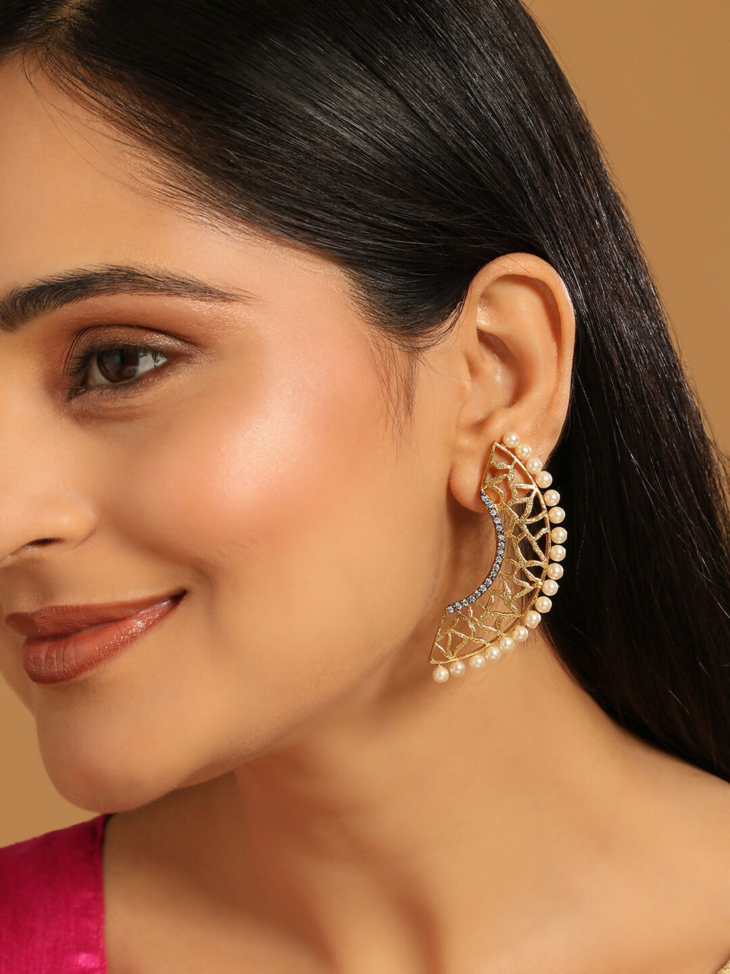 Nuyug 22K Gold-Plated Zircon Studded & Pearl Beaded Contemporary Shaped Statement Stud Earrings - Distacart