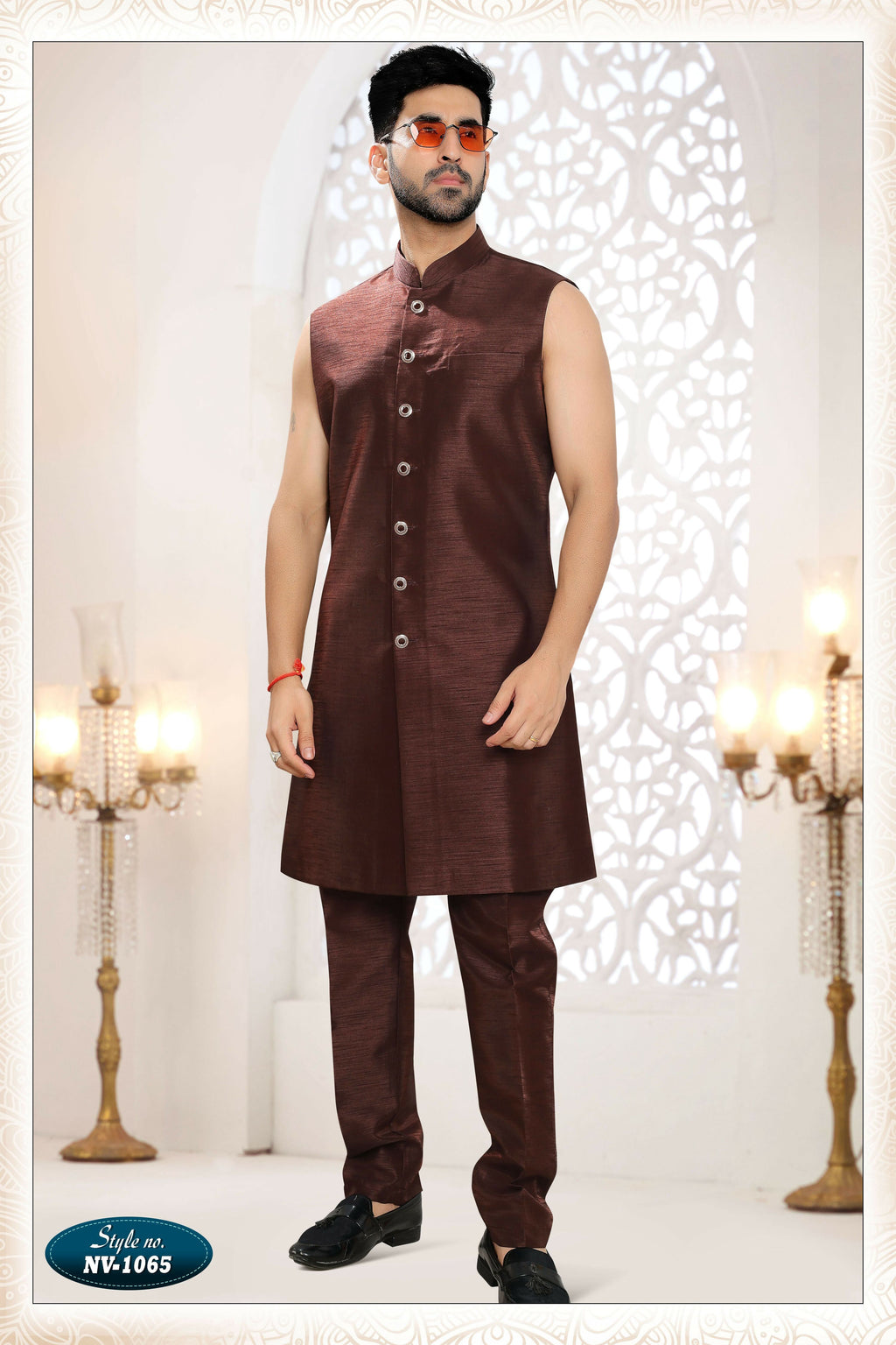 Joban Fashion Men's Skin Brown Straight Silk Thread And Sequence Embroidery All Over 3 Pc Kurta Set