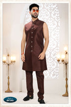 Joban Fashion Men's Skin Brown Straight Silk Thread And Sequence Embroidery All Over 3 Pc Kurta Set