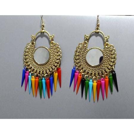 MS Fashion India Gold Color Latest Design Chandbali Mirror Multi Color Alloy Drops Tassel Earrings