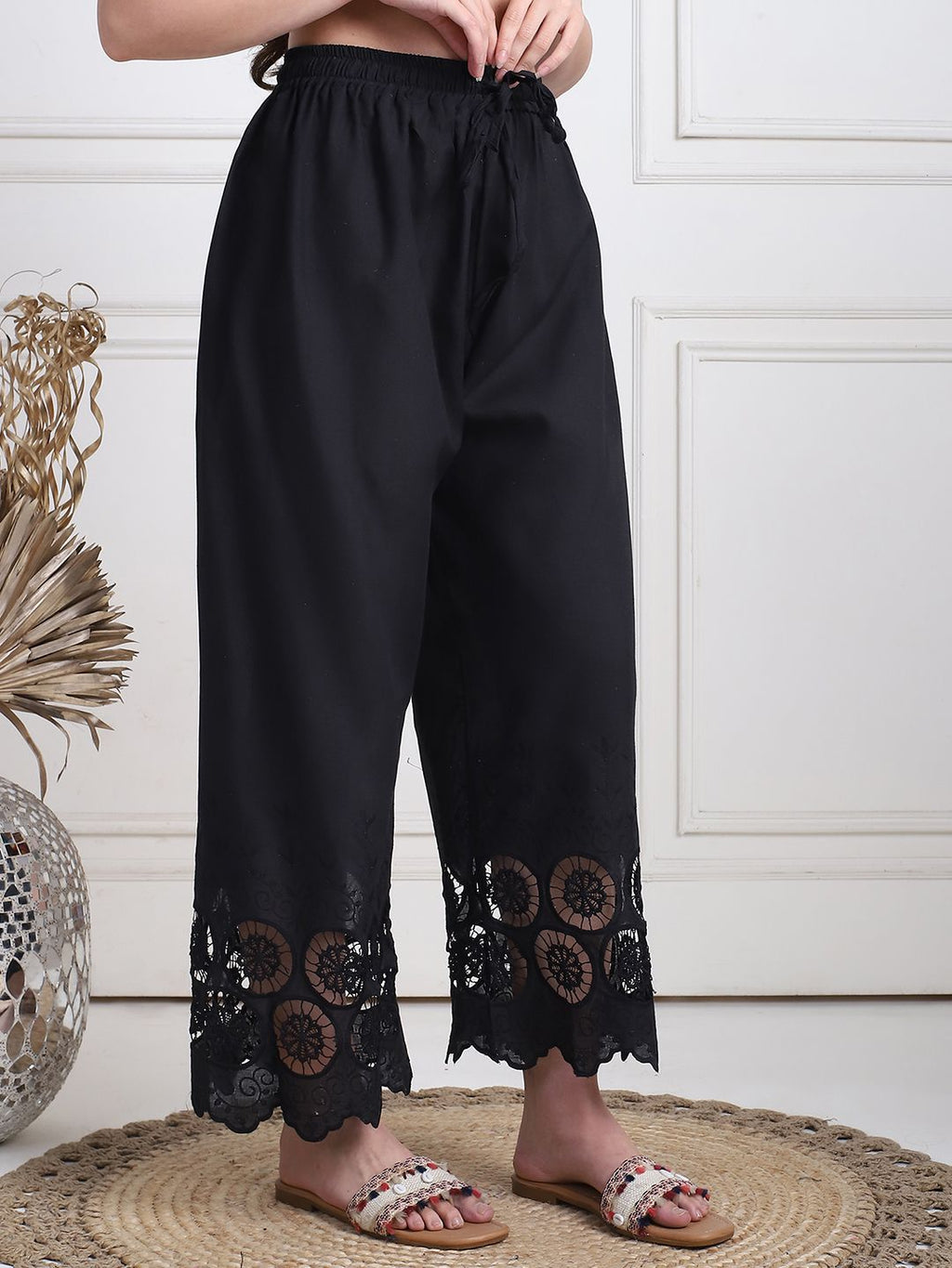 TAG 7 Women Floral Hem Design Flared Ethnic Palazzos