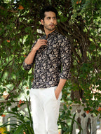 Miravan Men's Cotton Black Floral Printed Full Sleeve Slim Fit Shirt