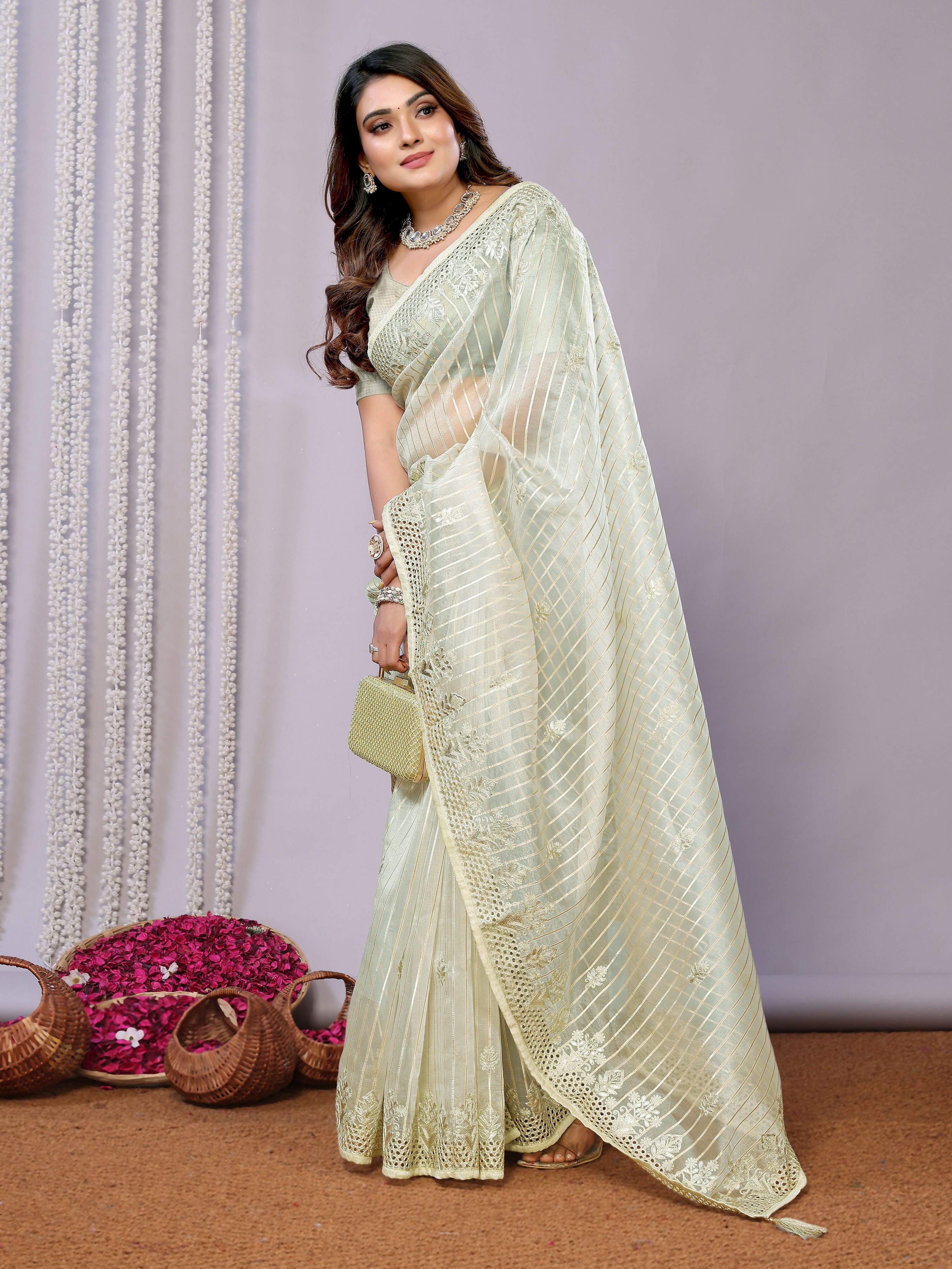 Green Silk Embroidered Saree With Stitched Blouse - Nimaya Kaksha