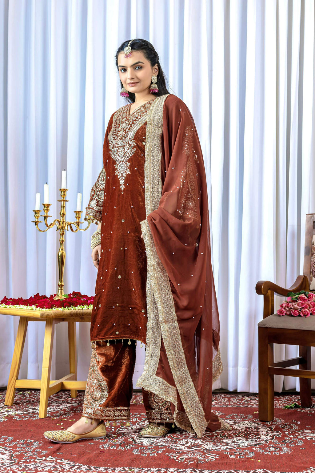 Joban Fashion Rust Brown Velvet Embroidery Kurta Set - Distacart