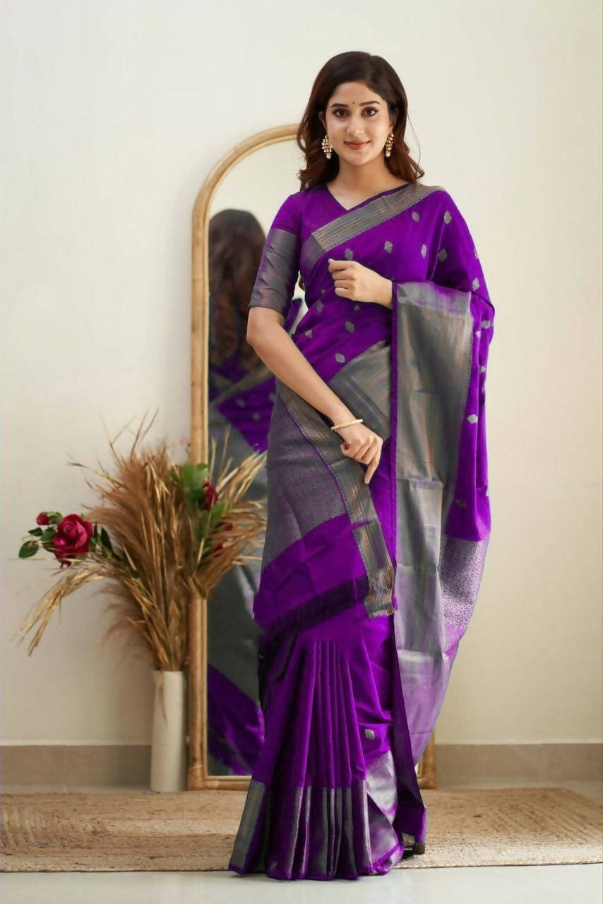 DEIANA'S Beautiful Designer Golden zari Soft Lichi Silk Saree - Purple