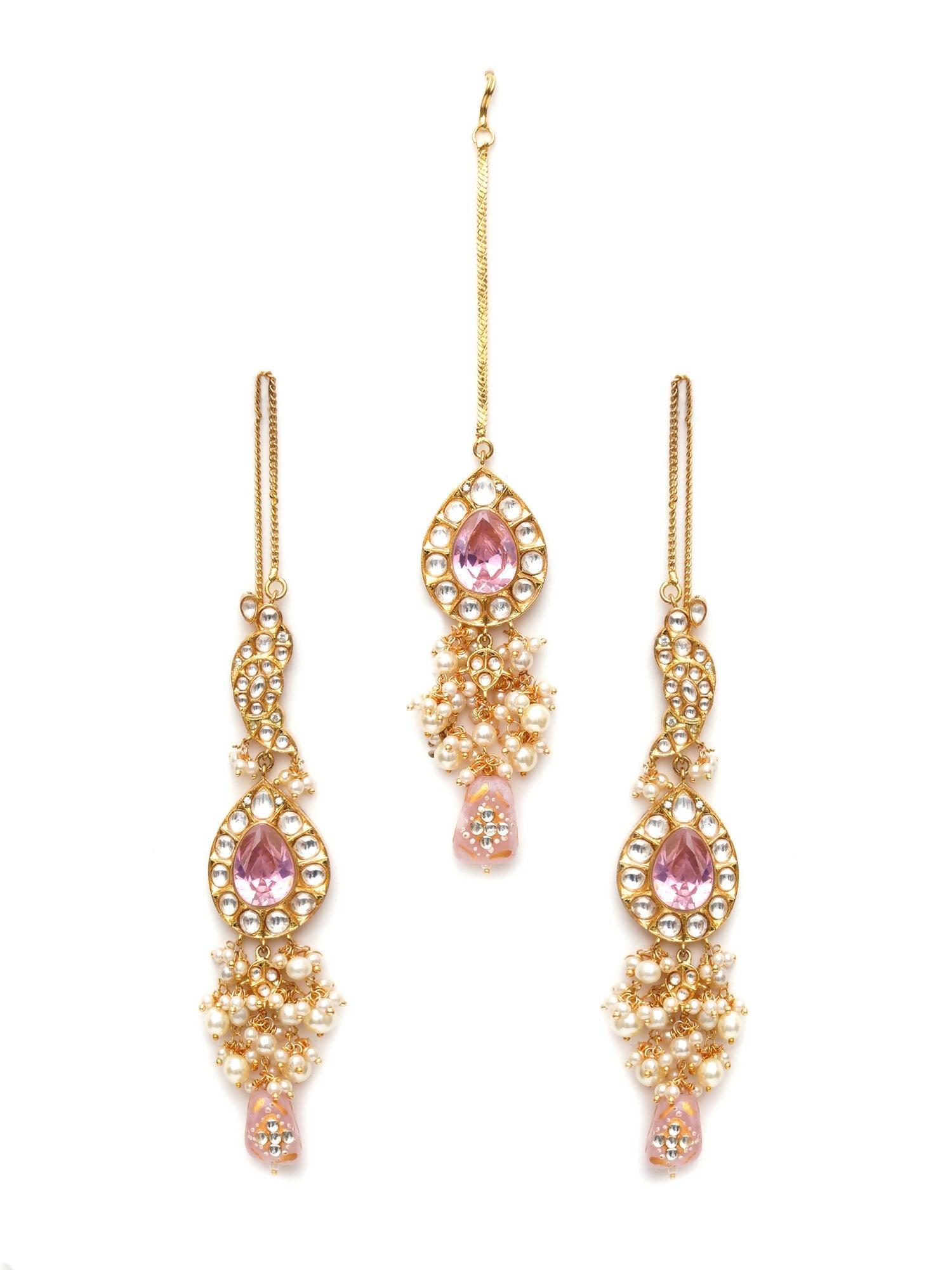 Kundan Choker with Matching Earrings & Maang Tikka Jewellery Set (Gold) - Ruby Raang