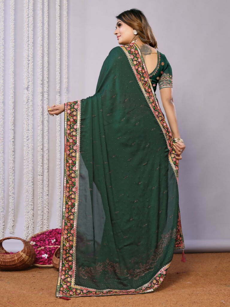 Green Silk Georgette Resham And Zari Embroidery Stone Handwork Saree - Norita Saumya
