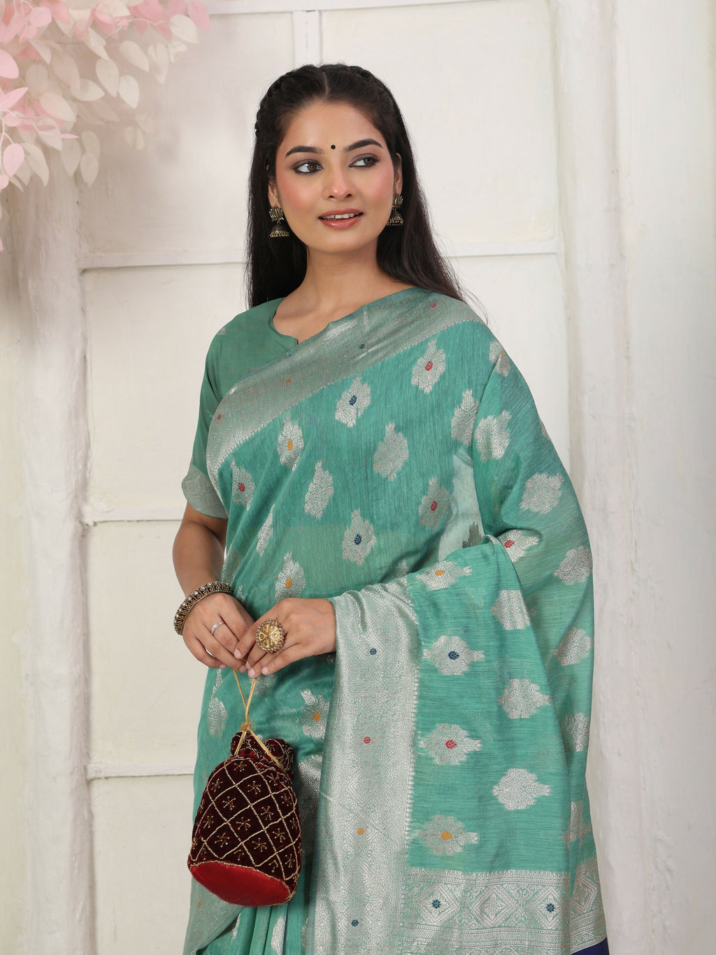 Shree Shyam Fashion Linen Cotton Rama Green Saree - Distacart