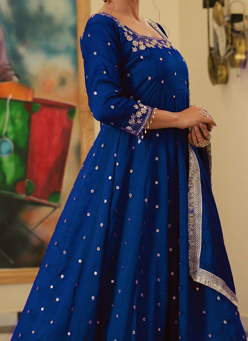 Teeya Creation Royal Blue Color Pure Vichitra Silk Embroidery Work Party Wear Gown - Distacart