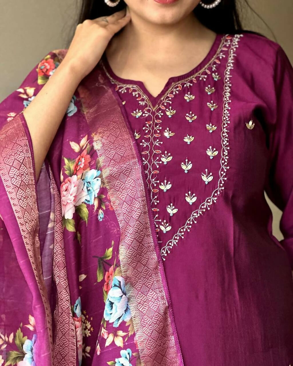 The52 Wine Women's Gorgeous Embroidered Rayon Fabric Straight Kurta Pant with Dupatta Set - Distacart