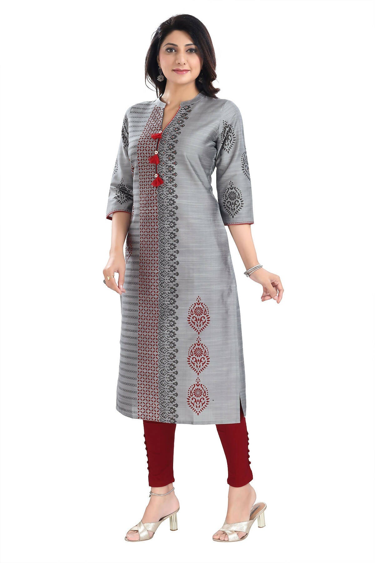 Snehal Creations Grey Raw Silk Block Print Long Kurta For Women - Distacart