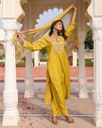Jyoti Fashion Women's Yellow Cotton Silk Hand Work with Floral Printed Kurta Set