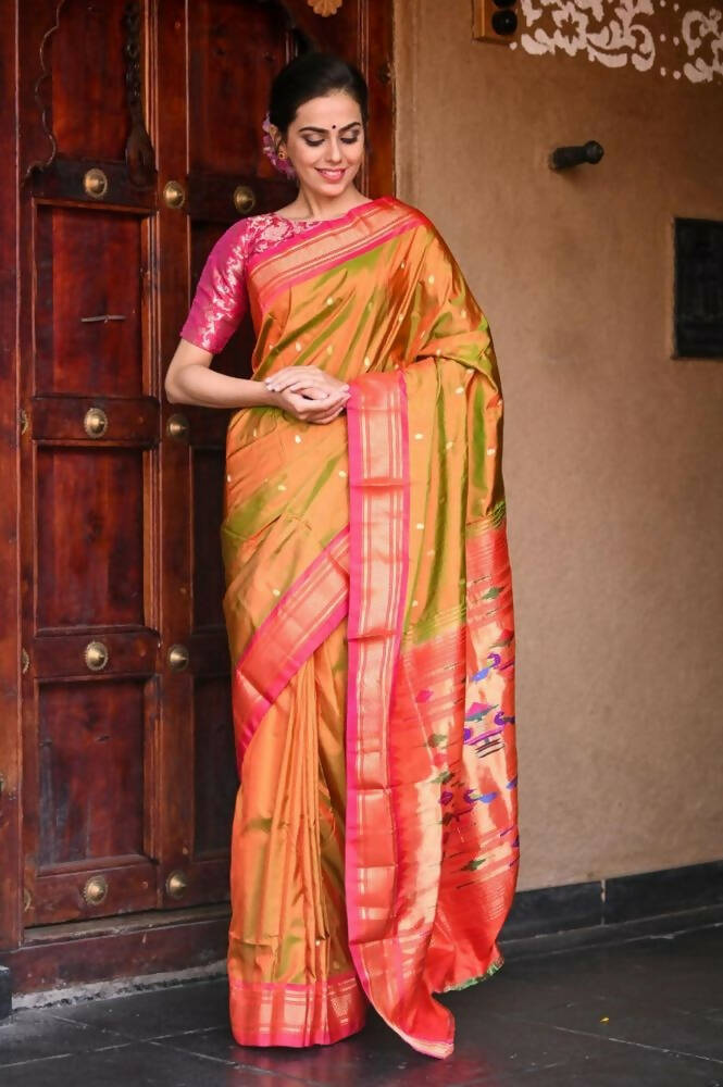 Very Much Indian Handloom Yeola Pure Silk Paithani - Dual Tone Green Pink - Distacart