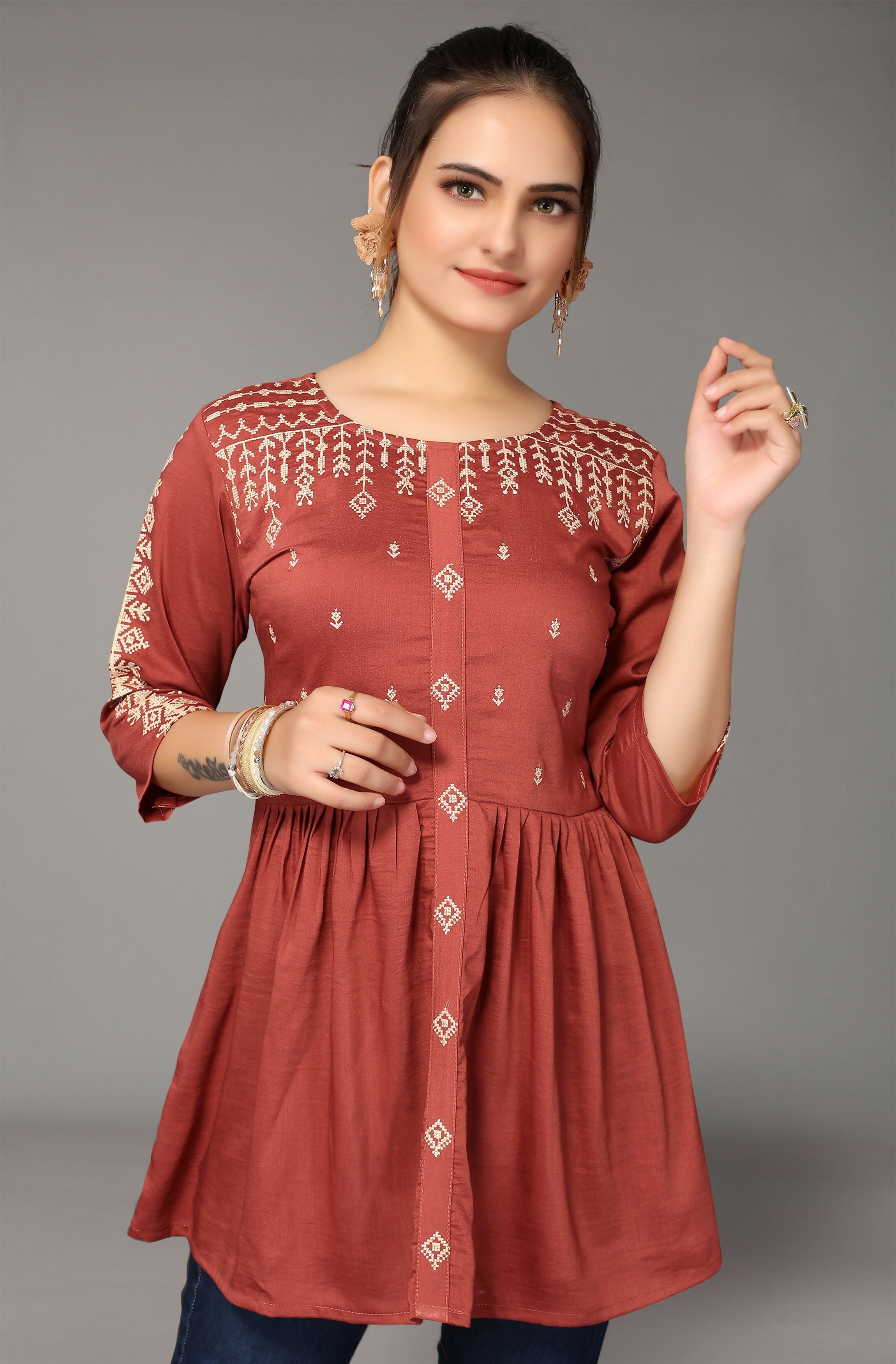 Women's Rust Viscose blend Embroidered Short Top - Marina